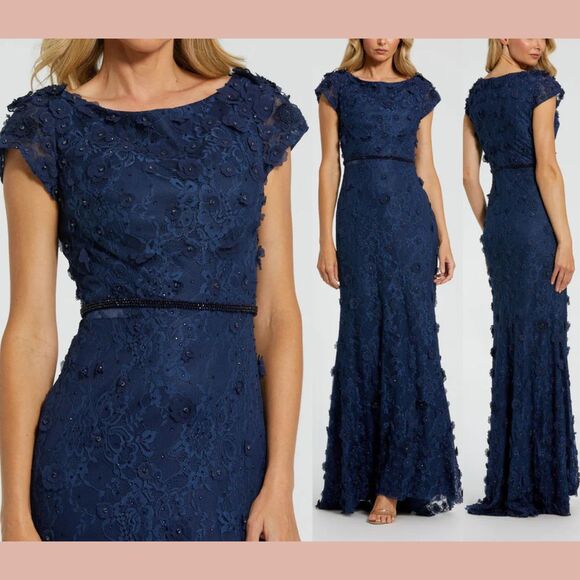 NEW MAC DUGGAL [ 16 ]‎ 67711 Floral Applique Boat Neck Short Sleeve Gown Blue - Picture 1 of 16
